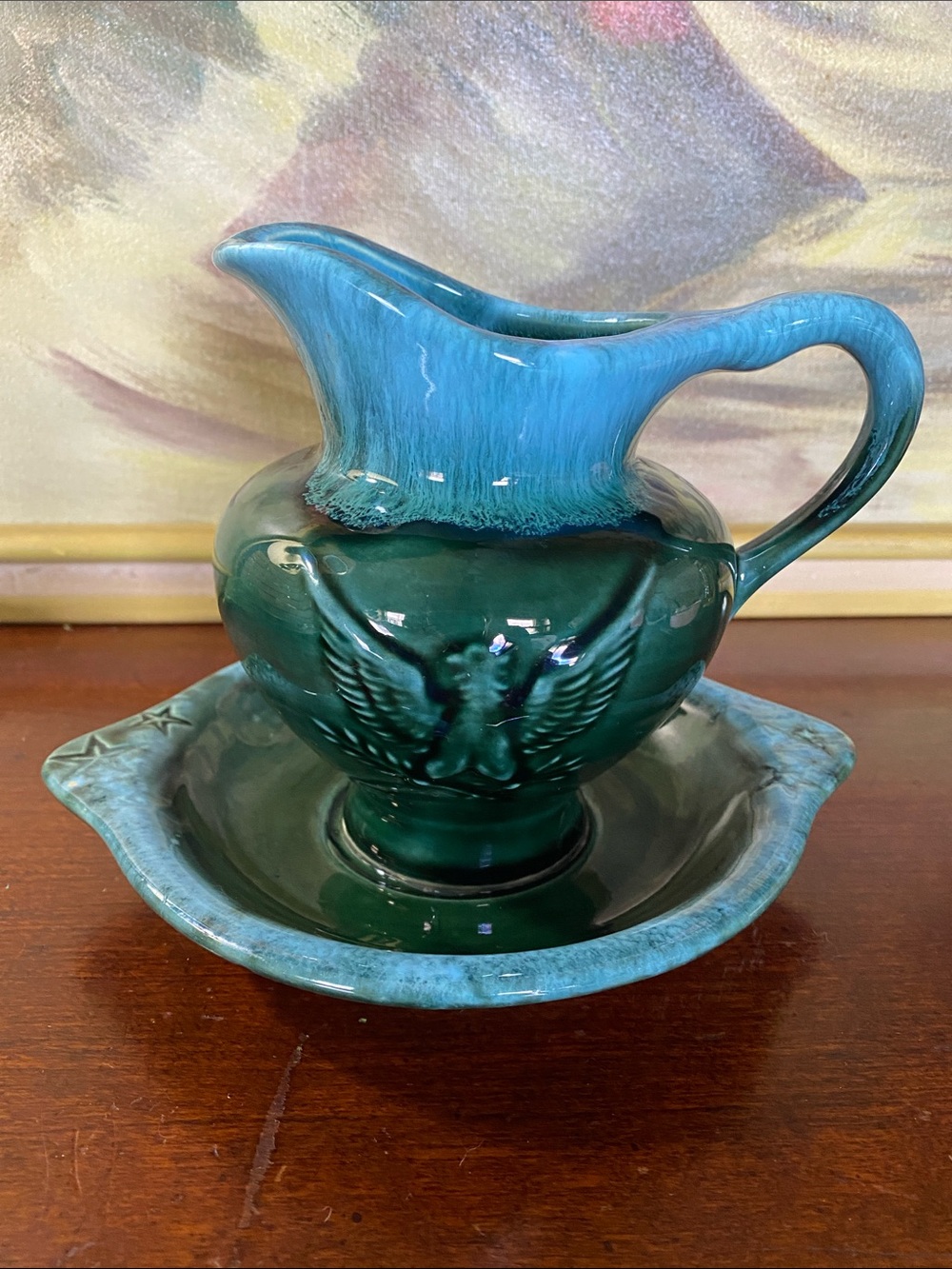 Vintage MCM Hull Art Pottery Imperial Eagle Pitcher/Basin Set